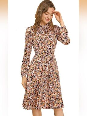 Alegra K tie neck long sleeve belted floral dress